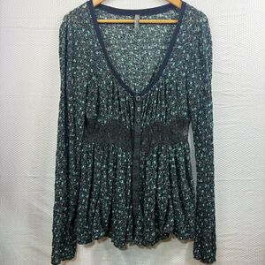 Free People Floral Lace Inset Empire Waist Button Front Top Size Small